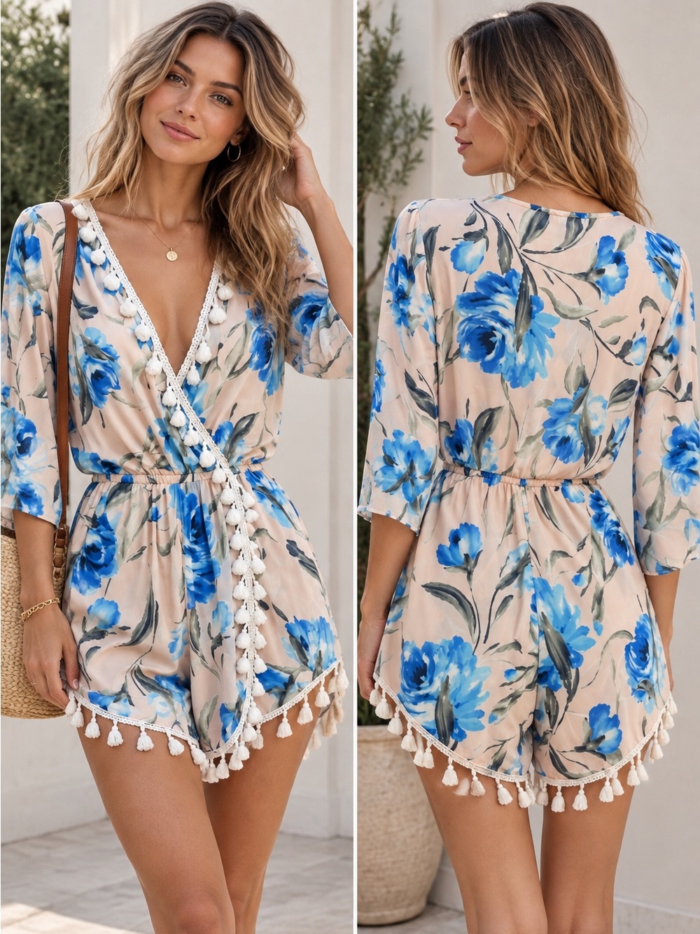 Design Lab Lord & Taylor Beige Romper with Blue Floral Print & Tassel Trim